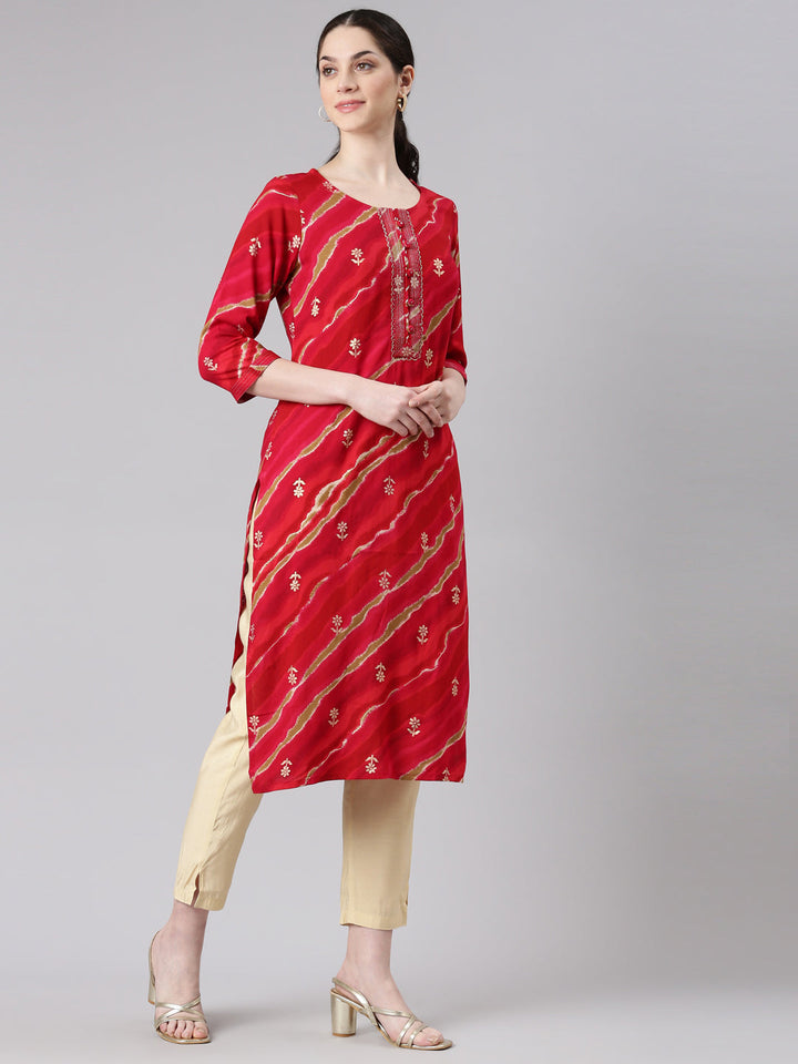 Neerus Red printed striped straight kurta - back view