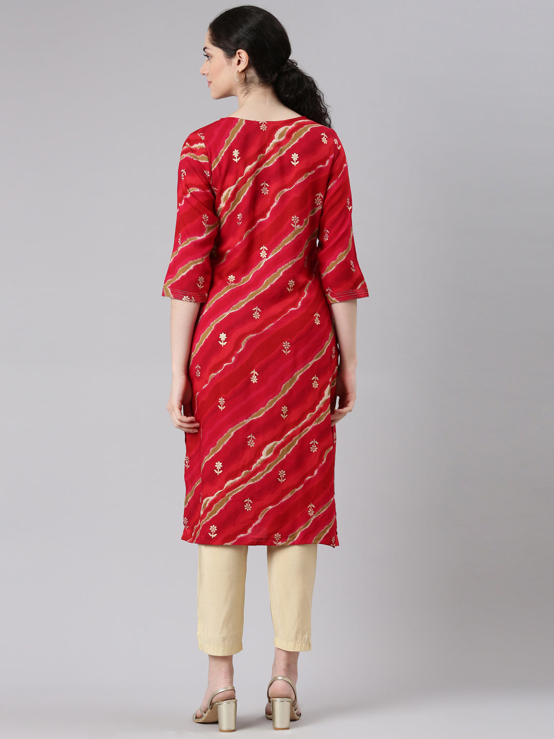 Neerus Red printed striped straight kurta - side view