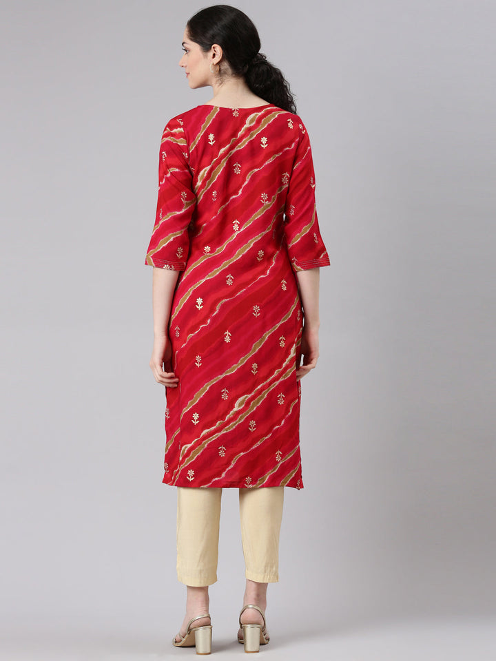 Neerus Red printed striped straight kurta - side view
