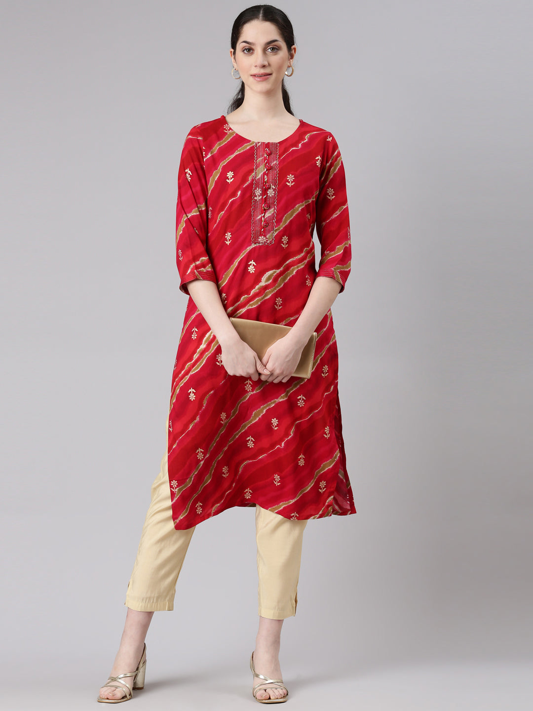 Neerus Red printed striped straight kurta - detail view 2