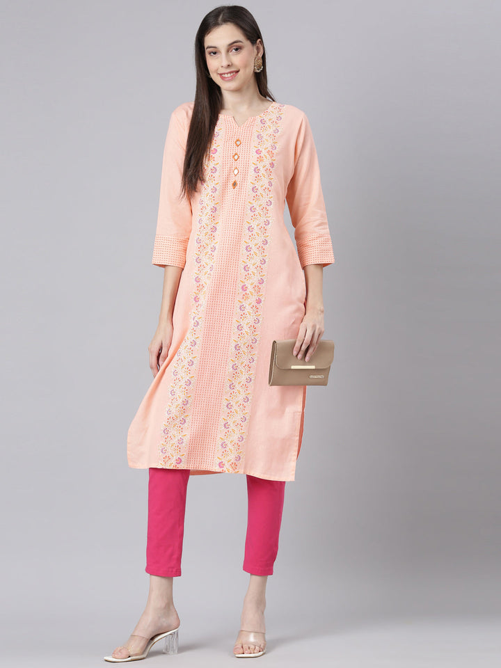 Neerus Orange Casual Floral Straight Kurtas