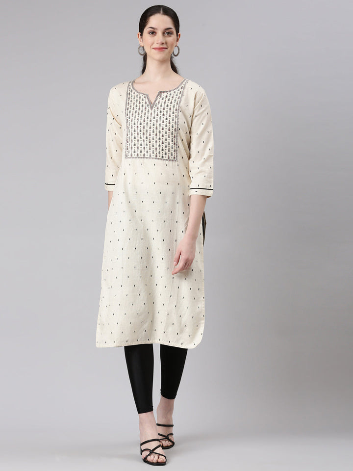 Neerus Beige cotton straight panelled kurta - front view