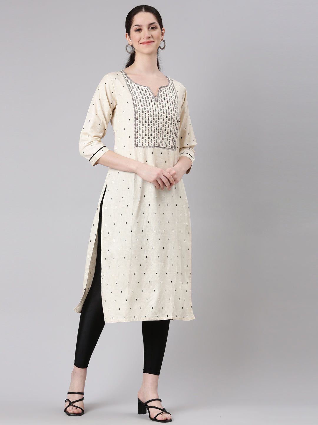 Neerus Beige cotton straight panelled kurta - back view