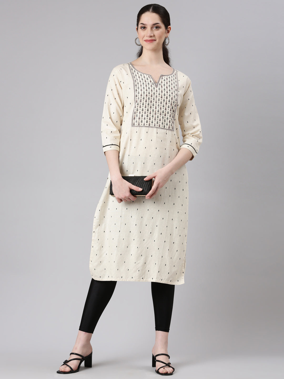 Neerus Beige cotton straight panelled kurta - detail view 2