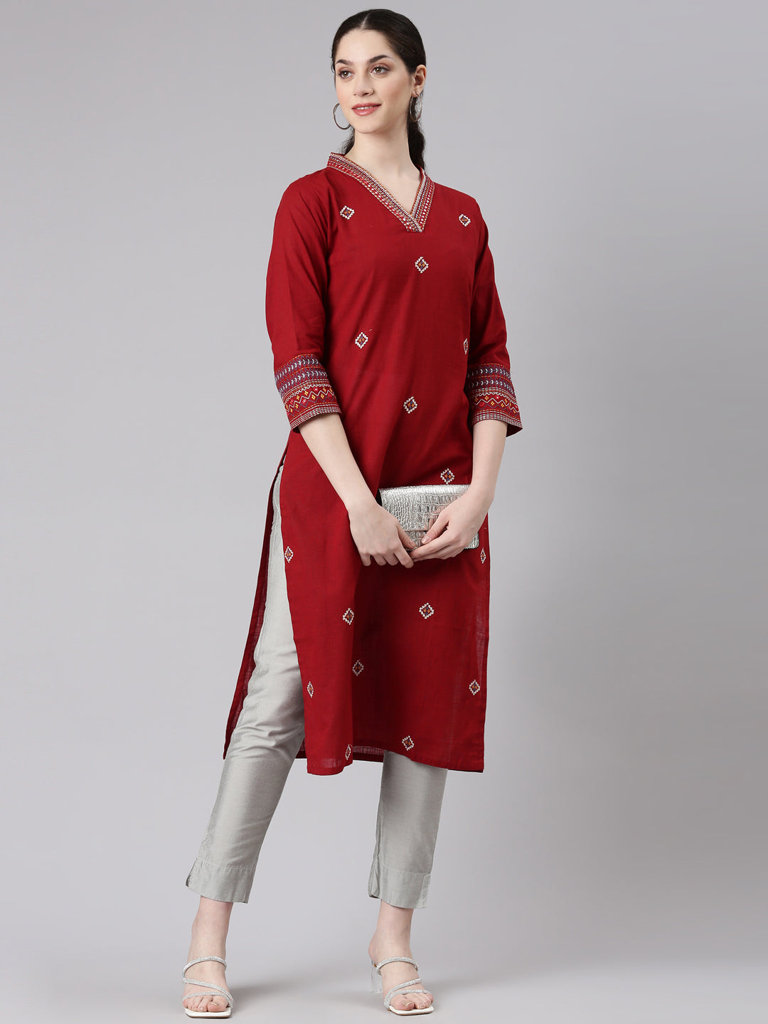 Neerus Maroon solid straight kurta - detail view 2