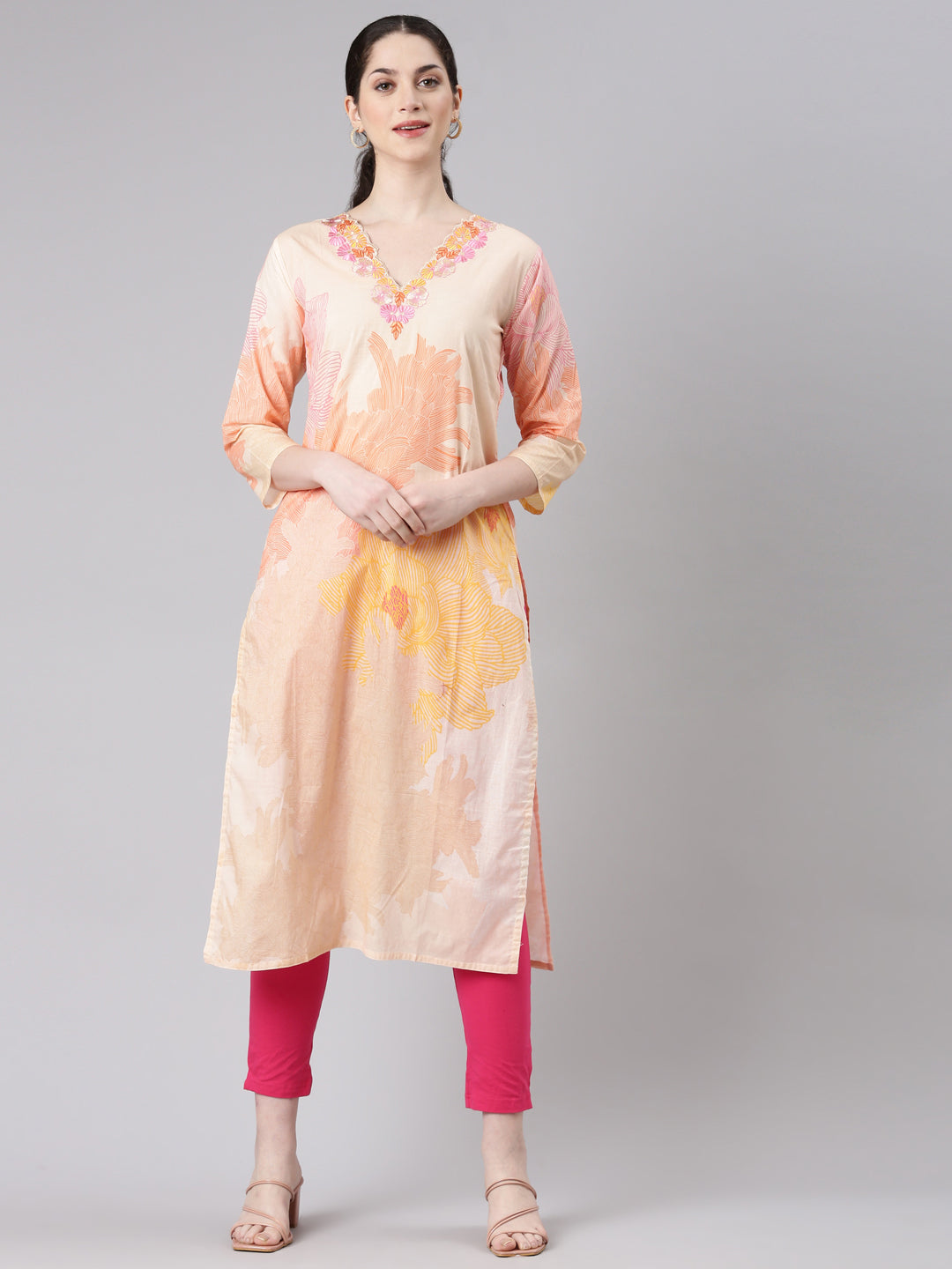Neerus Beige floral printed straight kurta - front view