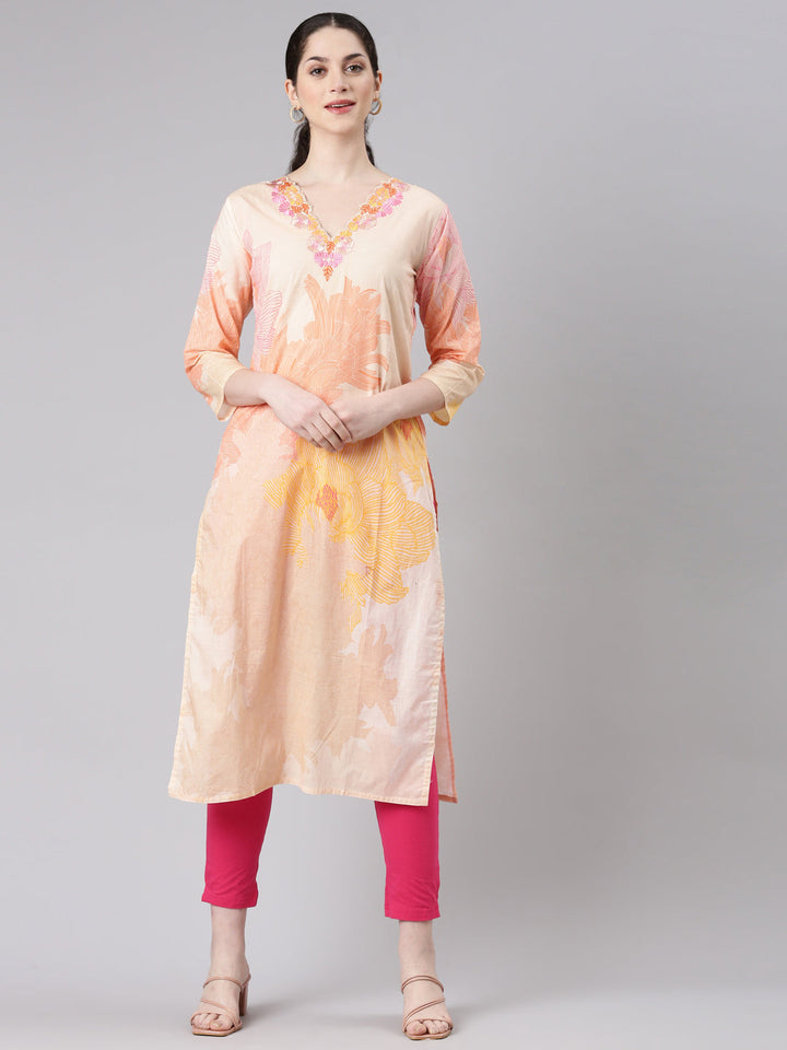 Neerus Beige floral printed straight kurta - front view