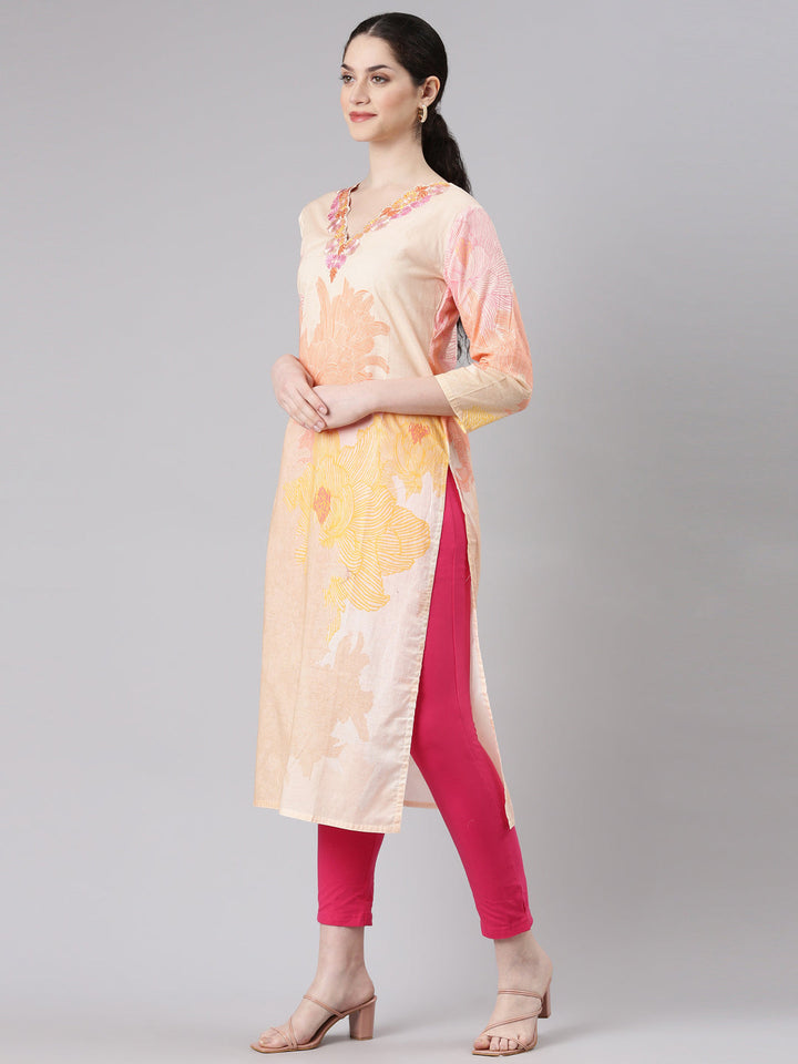 Neerus Beige floral printed straight kurta - back view