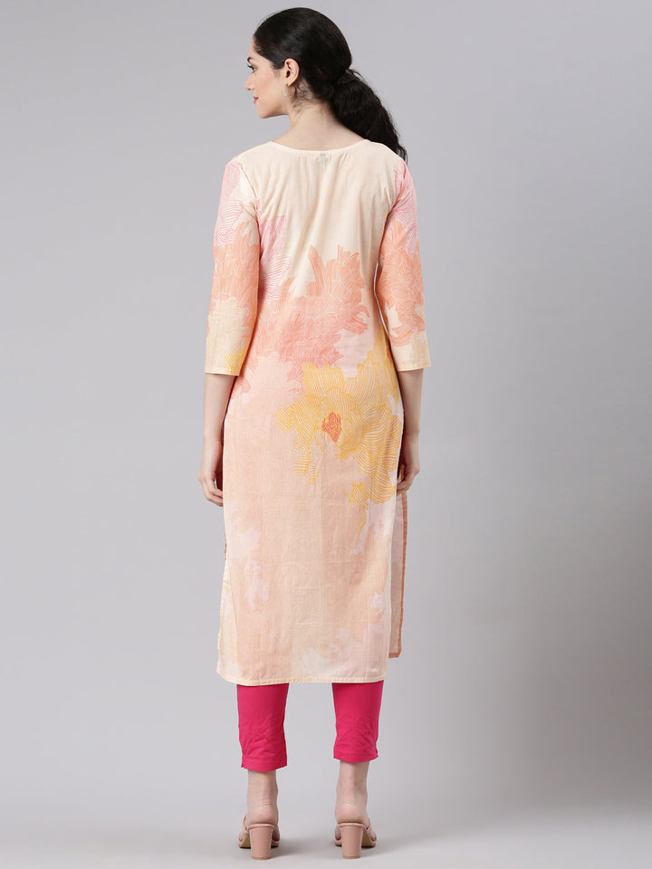 Neerus Beige floral printed straight kurta - side view