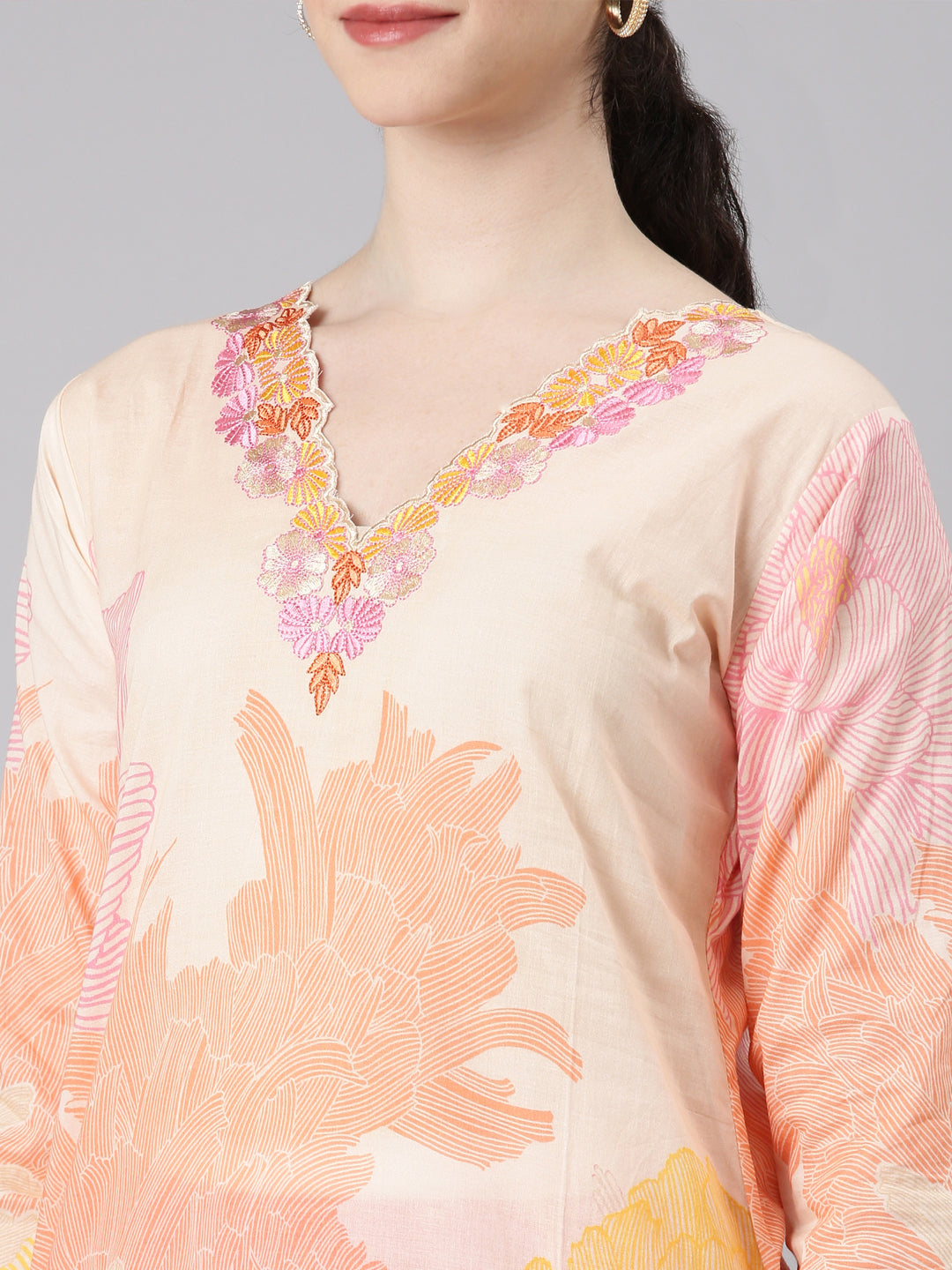 Neerus Beige floral printed straight kurta - detail view 1