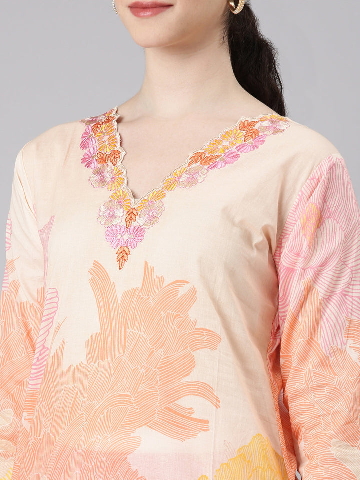 Neerus Beige floral printed straight kurta - detail view 1