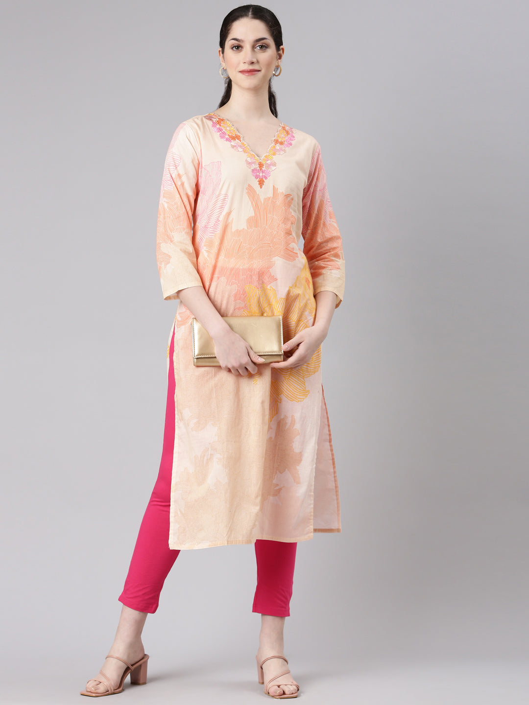 Neerus Beige floral printed straight kurta - detail view 2