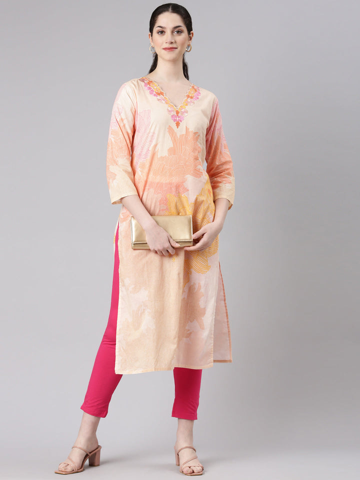 Neerus Beige floral printed straight kurta - detail view 2