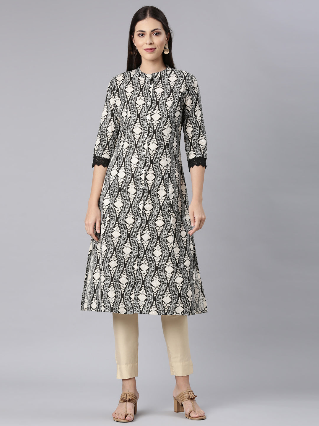 Neerus Black printed chevron straight kurti - front view