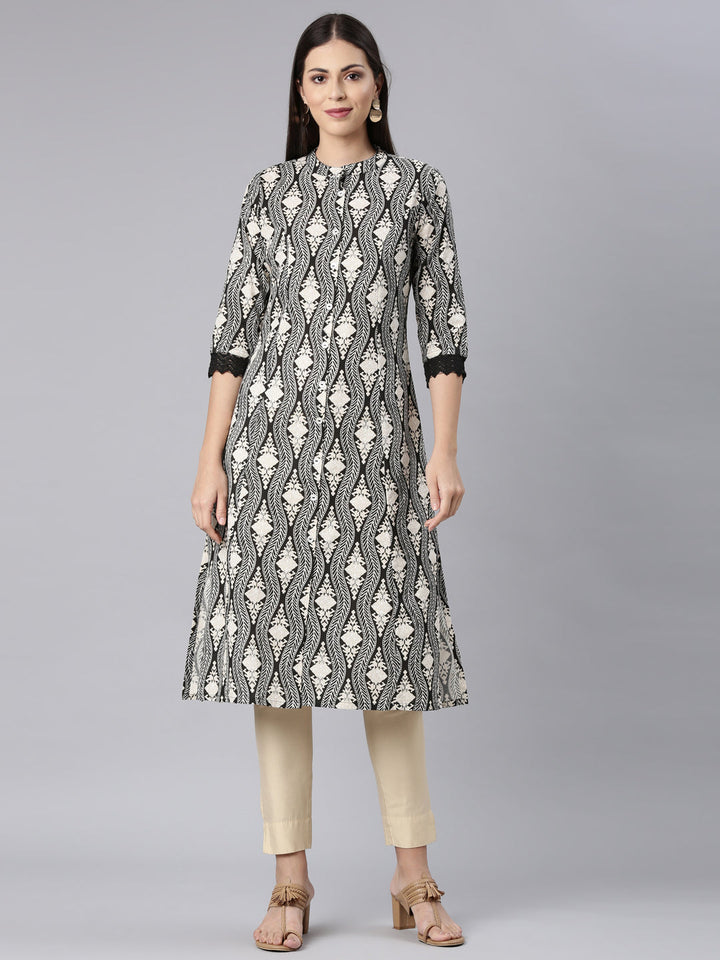 Neerus Black printed chevron straight kurti - front view