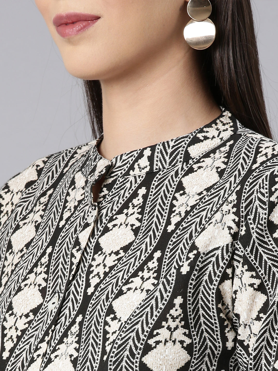 Neerus Black printed chevron straight kurti - detail view 2