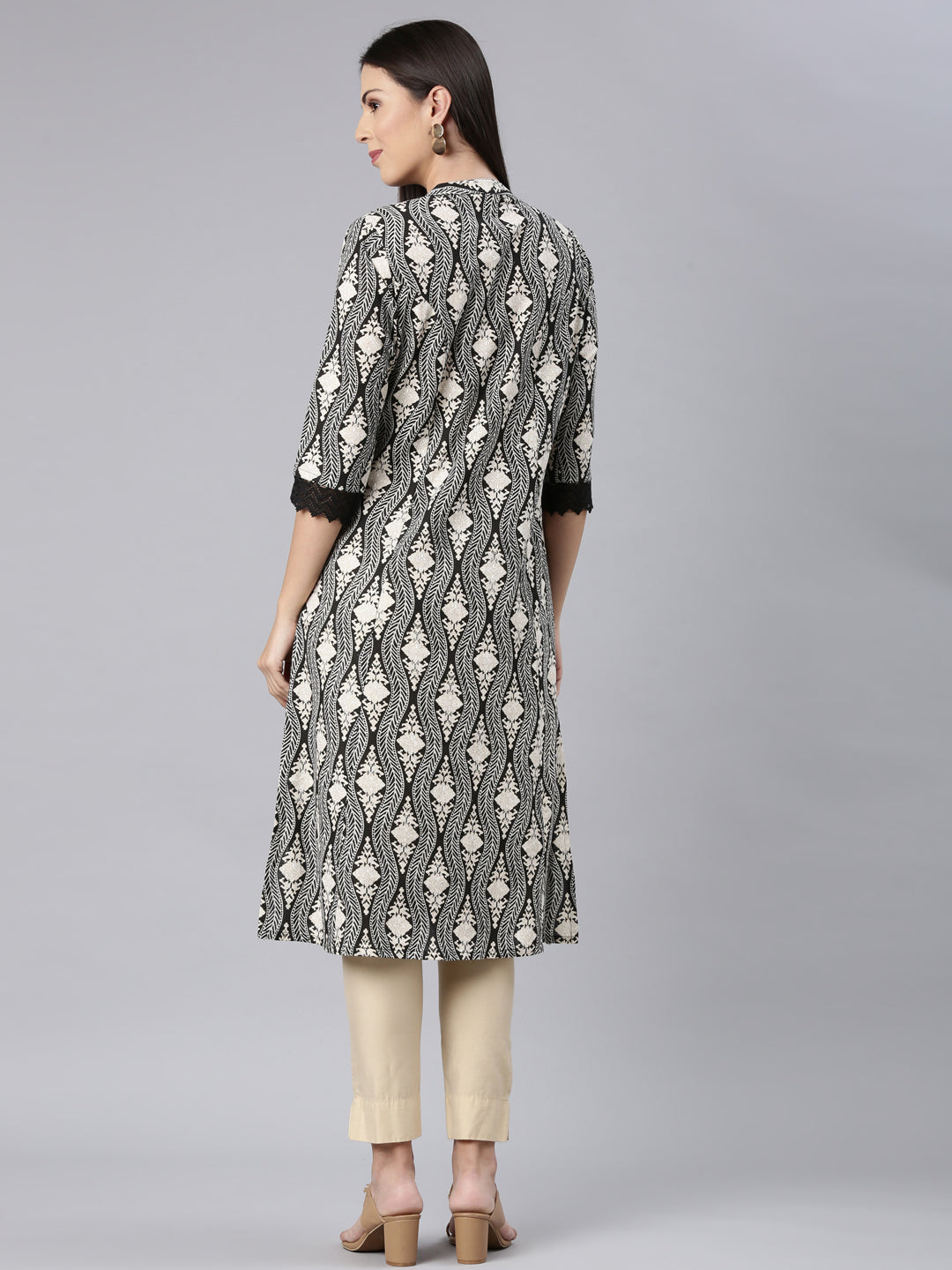 Neerus Black printed chevron straight kurti - detail view 1