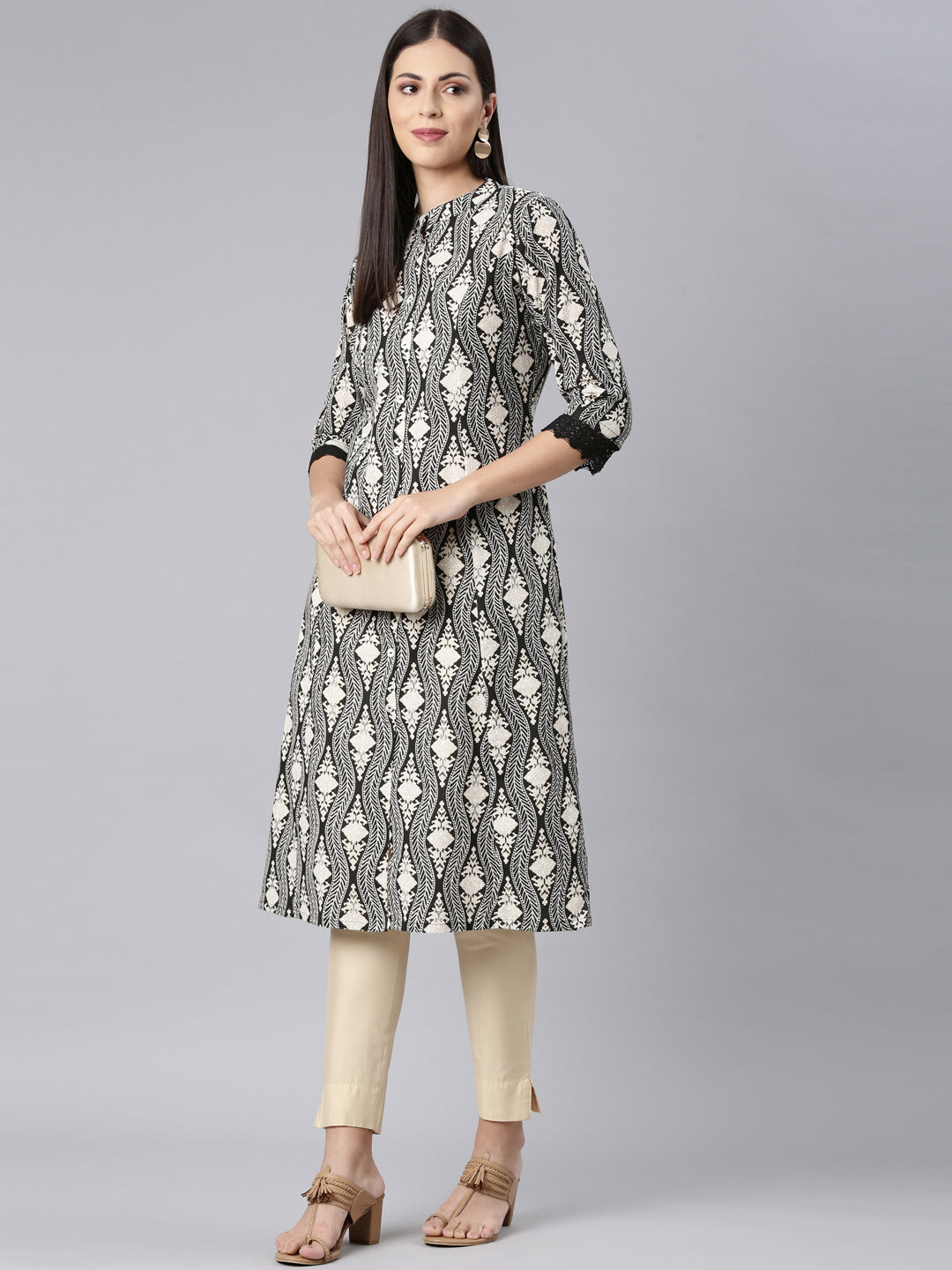 Neerus Black printed chevron straight kurti - detail view 3