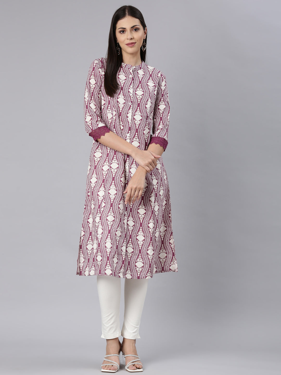 Neerus Purple chevron printed straight kurta - front view