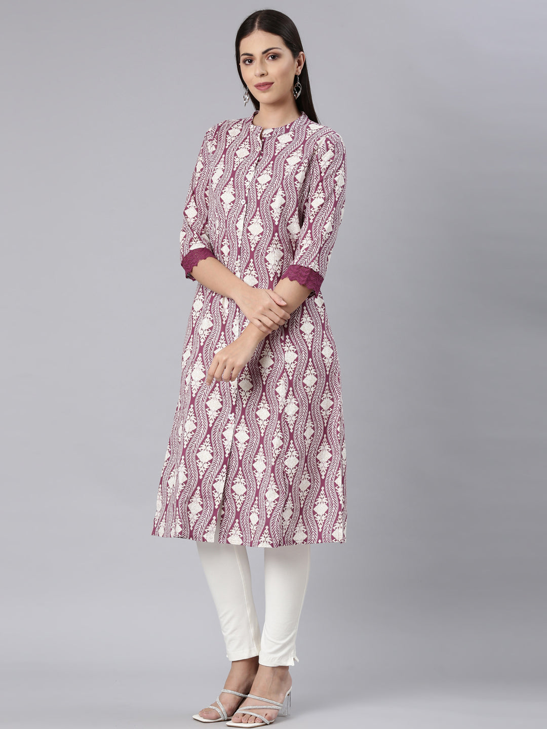 Neerus Purple chevron printed straight kurta - back view