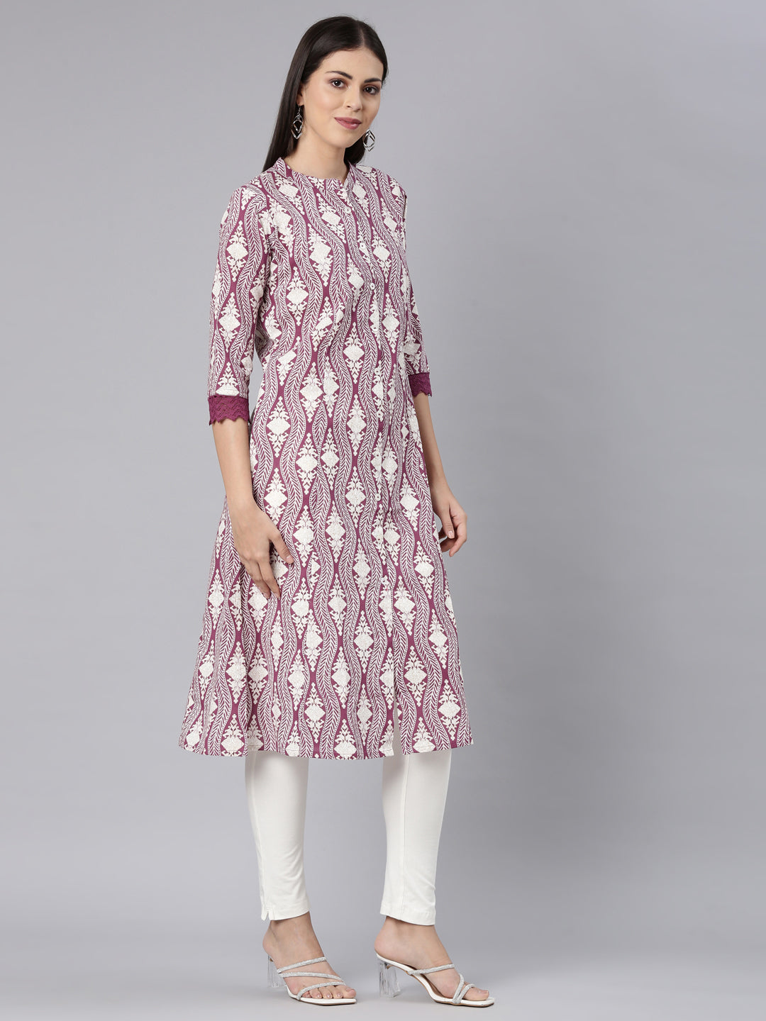 Neerus Purple chevron printed straight kurta - side view