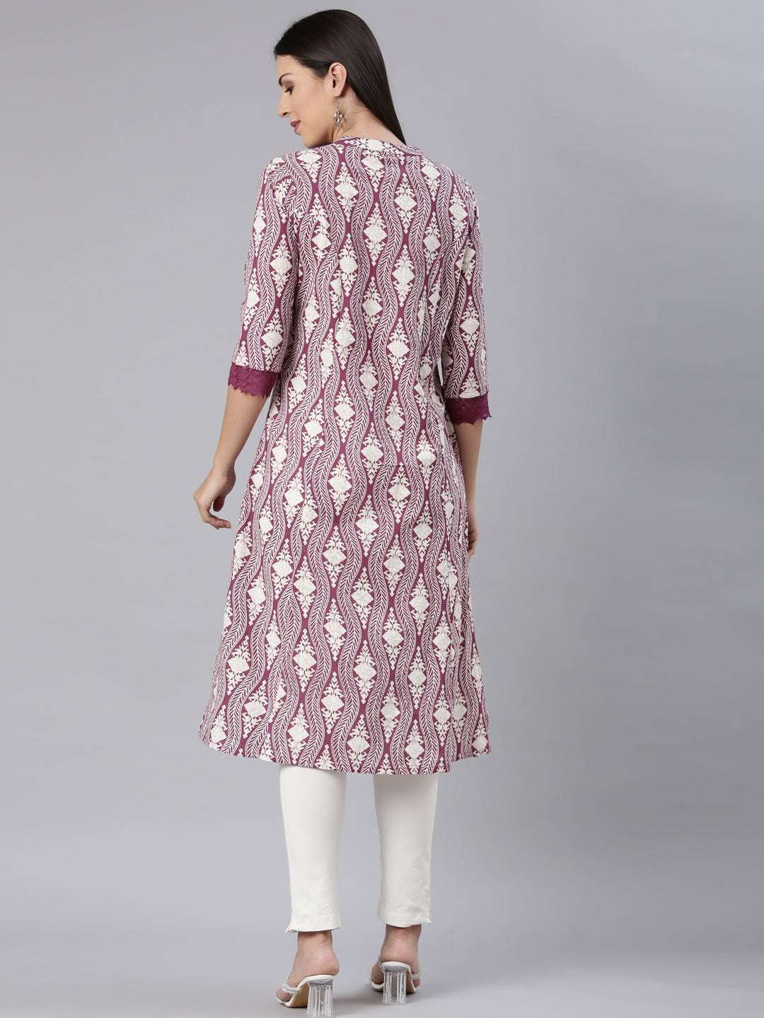 Neerus Purple chevron printed straight kurta - detail view 1