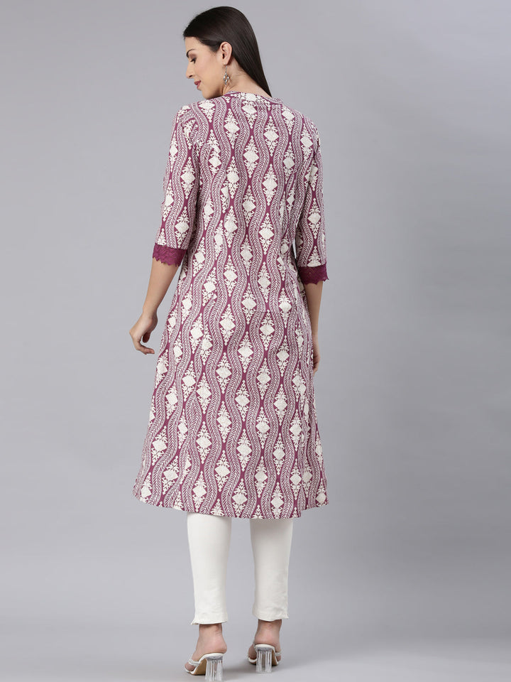 Neerus Purple chevron printed straight kurta - detail view 1