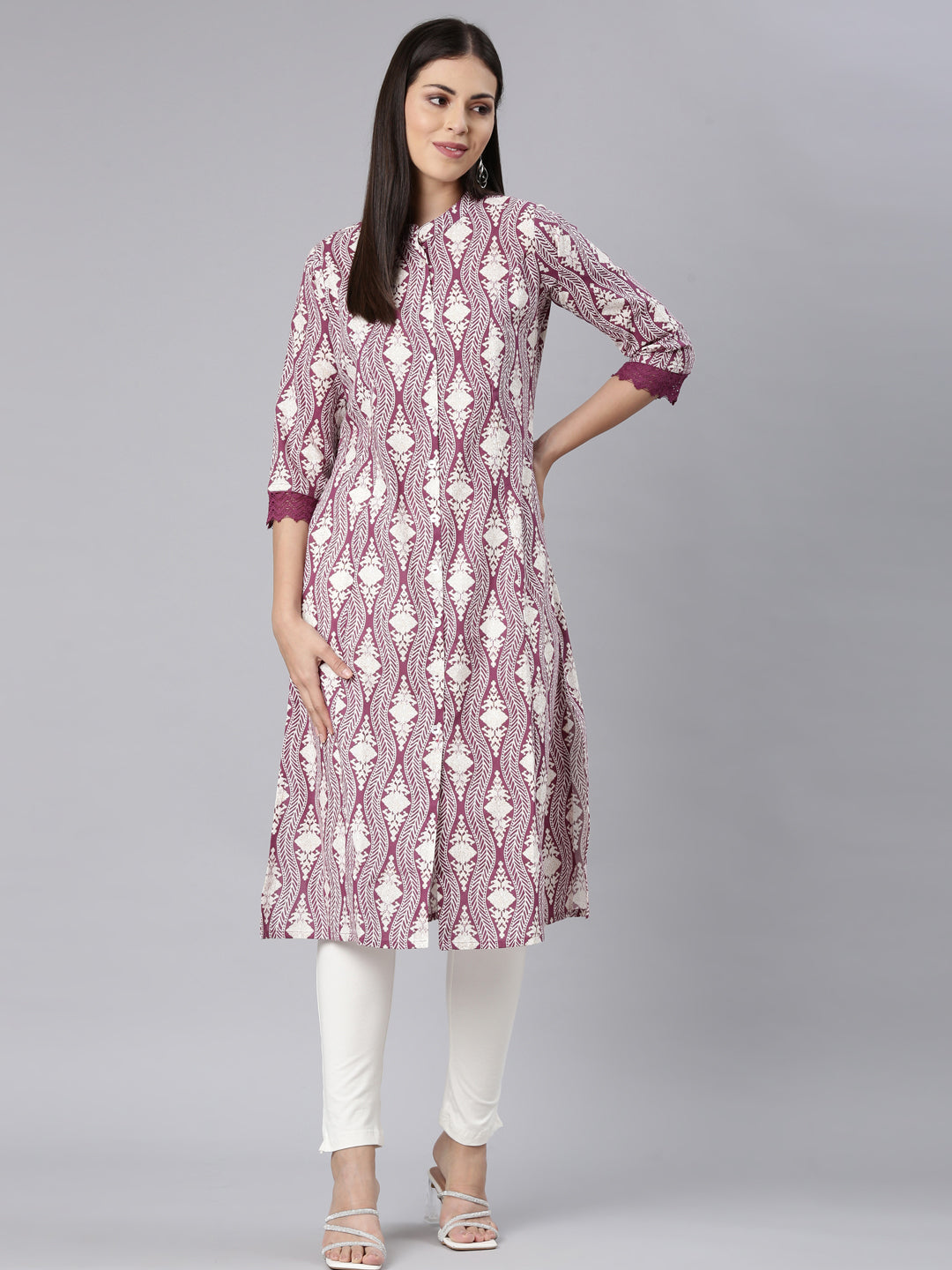 Neerus Purple chevron printed straight kurta - detail view 3