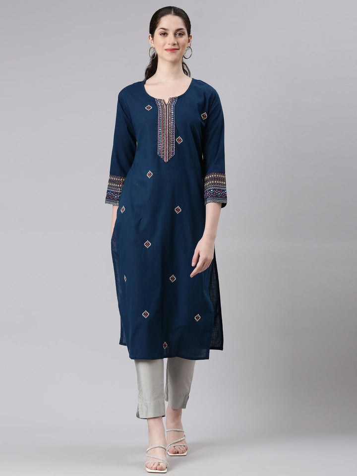 Neerus Blue cotton printed straight kurti - front view