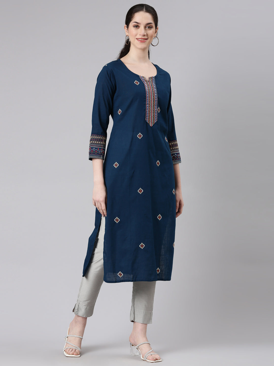 Neerus Blue cotton printed straight kurti - back view
