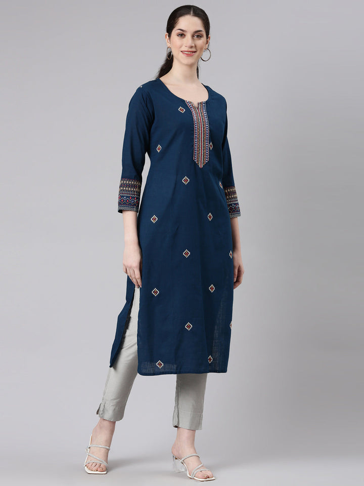 Neerus Blue cotton printed straight kurti - back view