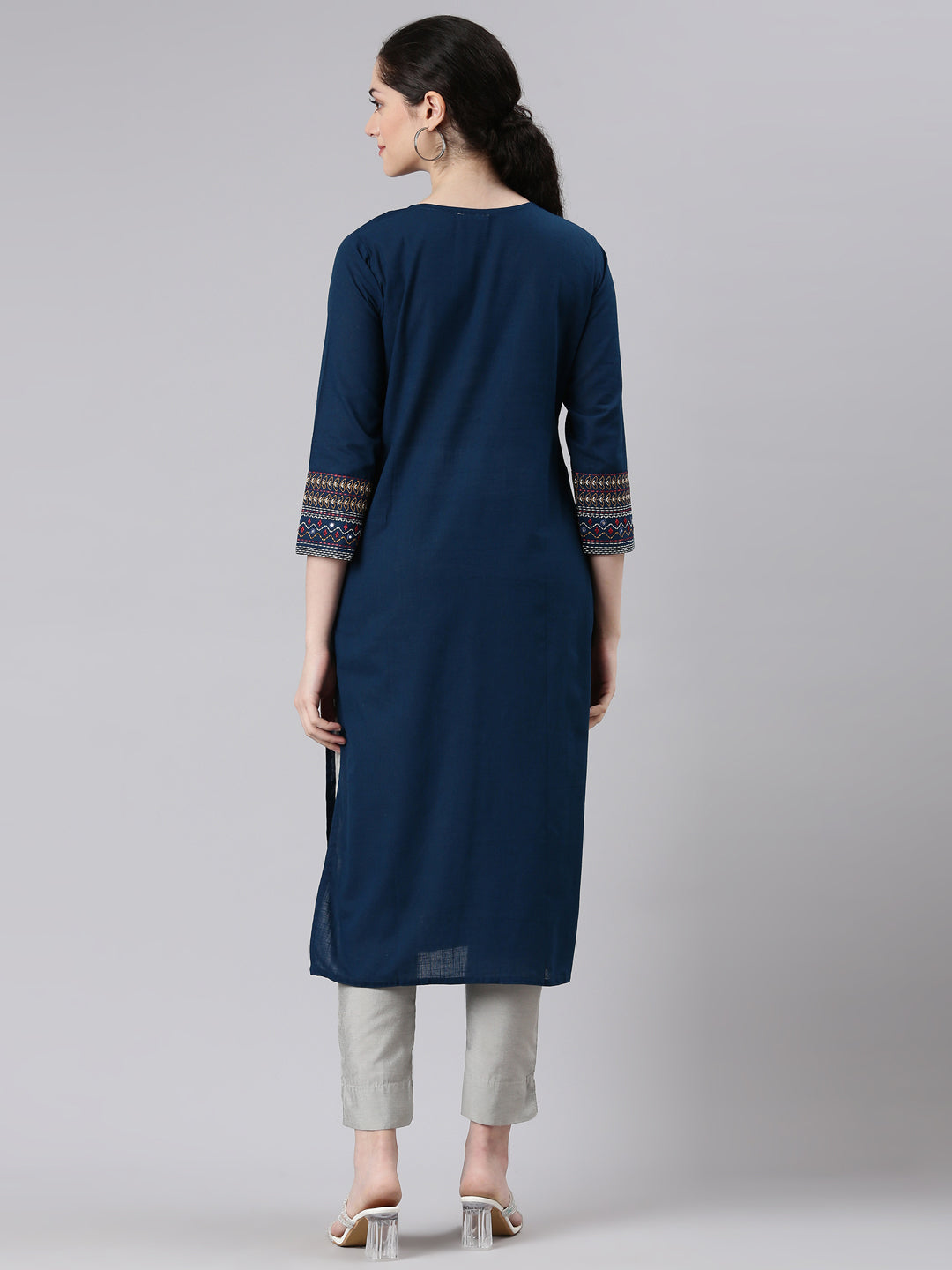 Neerus Blue cotton printed straight kurti - side view