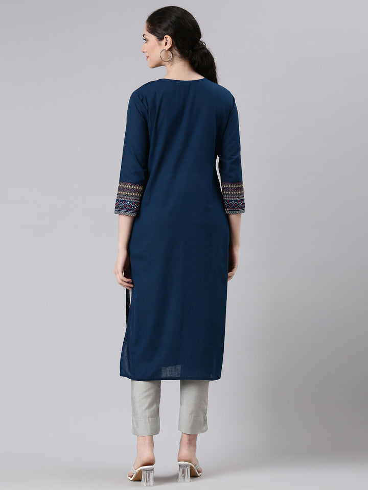 Neerus Blue cotton printed straight kurti - side view