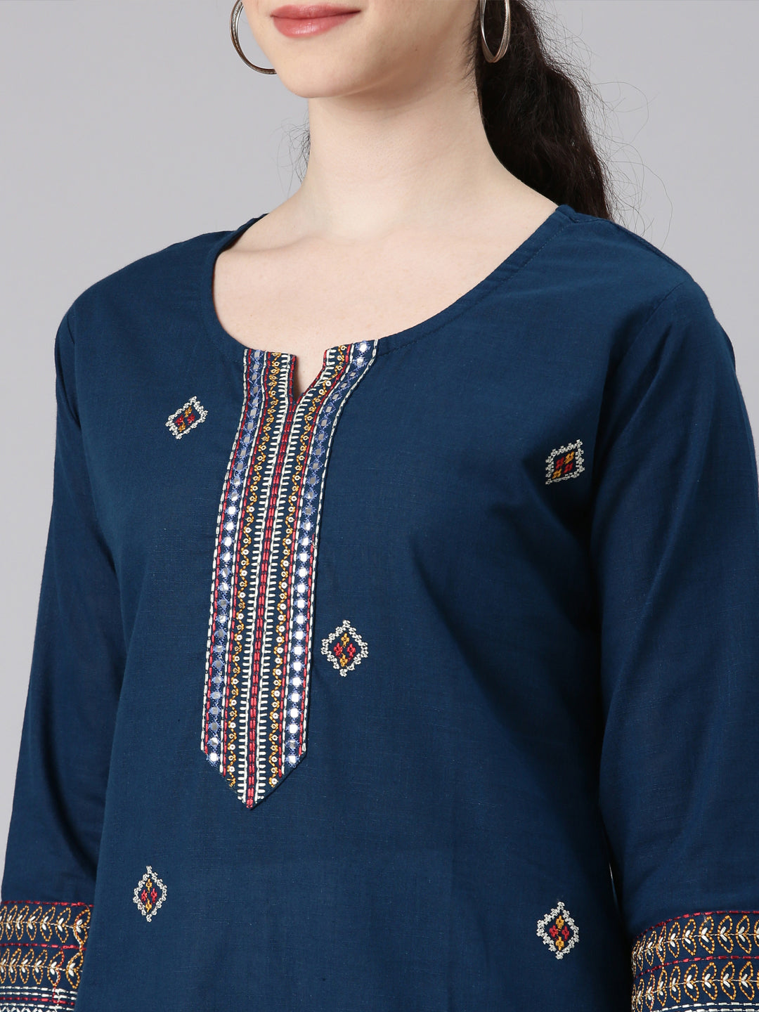 Neerus Blue cotton printed straight kurti - detail view 1