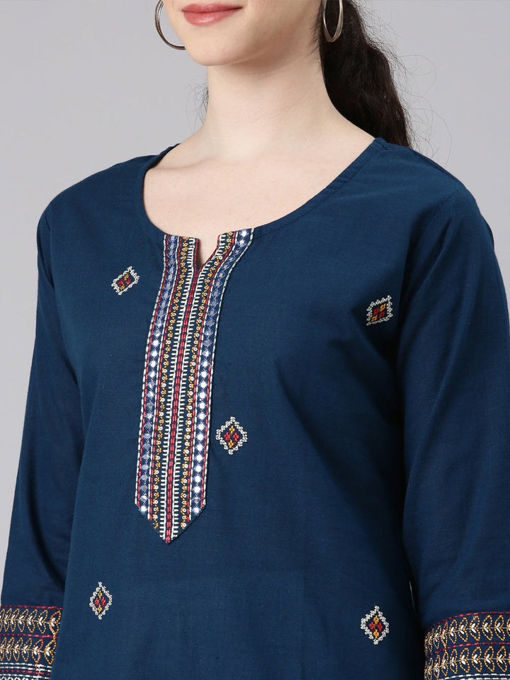 Neerus Blue cotton printed straight kurti - detail view 1