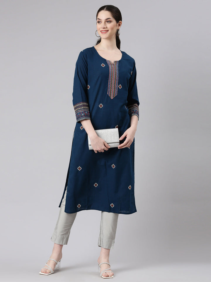 Neerus Blue cotton printed straight kurti - detail view 2