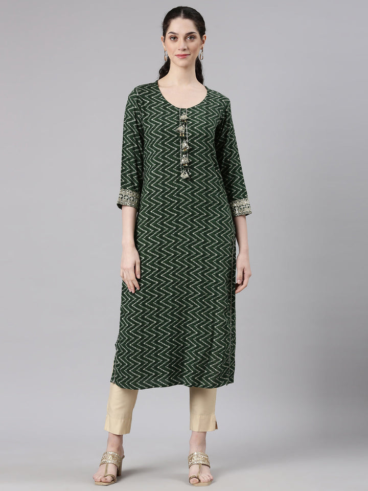 Neerus Green rayon printed straight kurti - front view