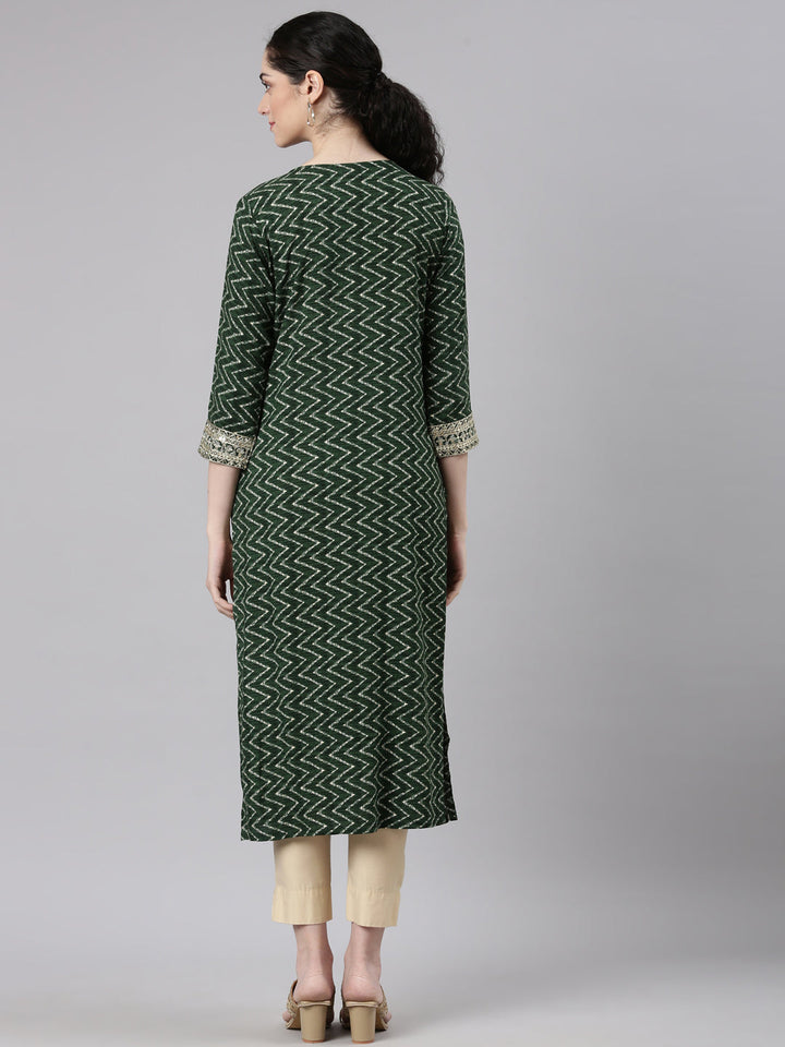 Neerus Green rayon printed straight kurti - detail view 1