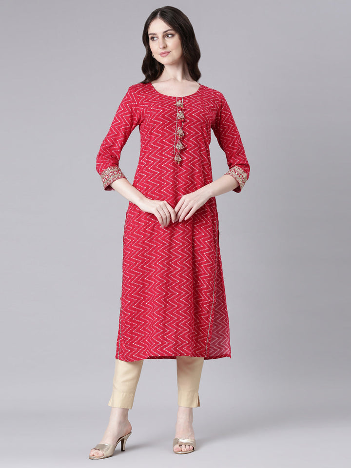 Neerus Pink rayon printed straight kurta - front view