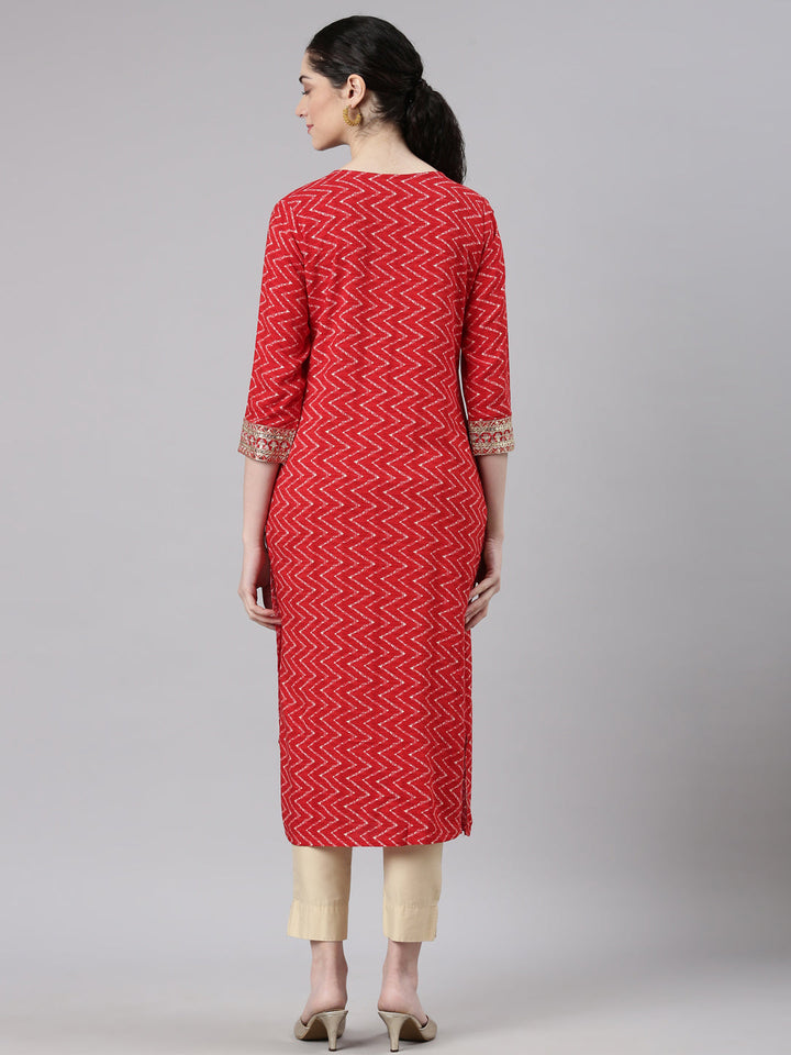 Neerus Red rayon printed straight kurti - detail view 1