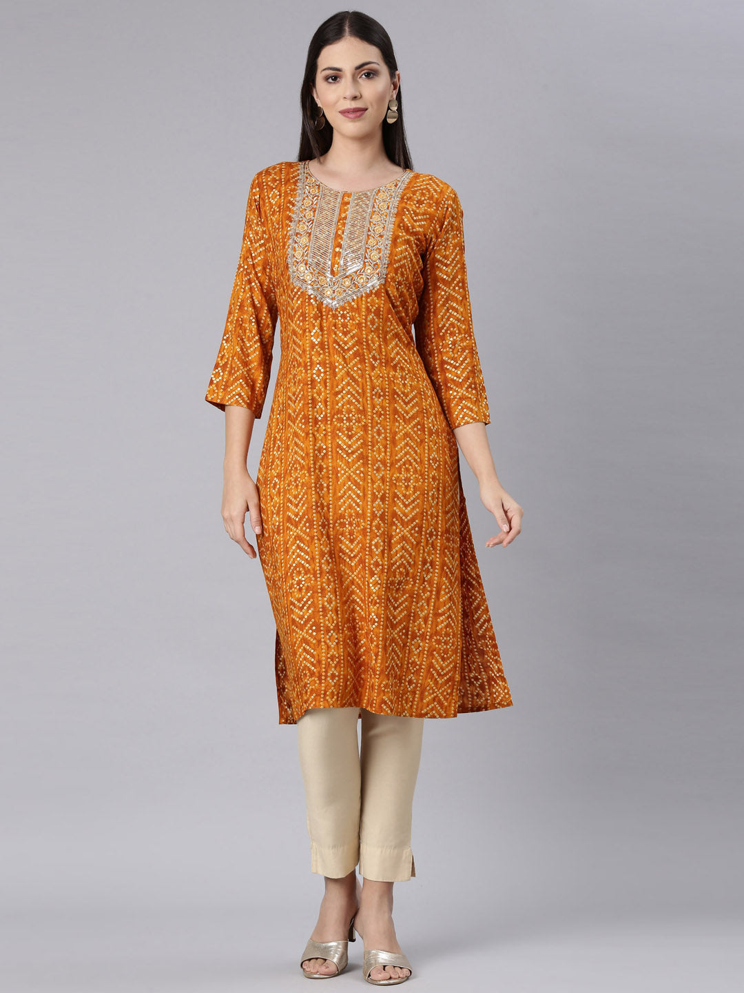 Neerus Yellow Rayon Bandhani Printed Kurti - front view