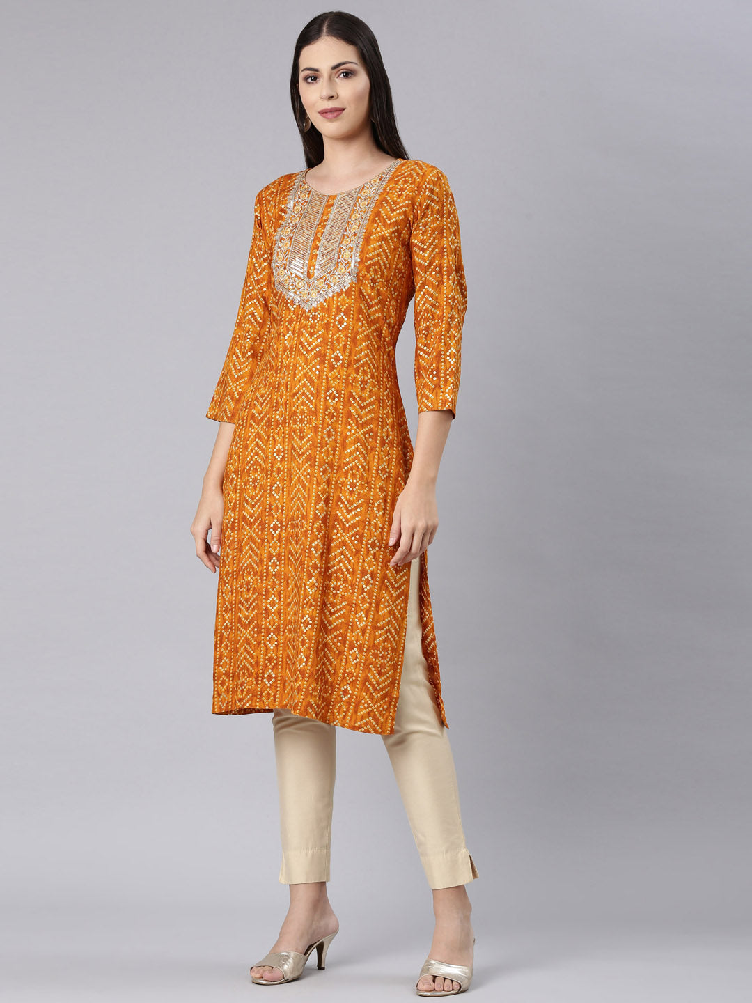 Neerus Yellow Rayon Bandhani Printed Kurti - back view