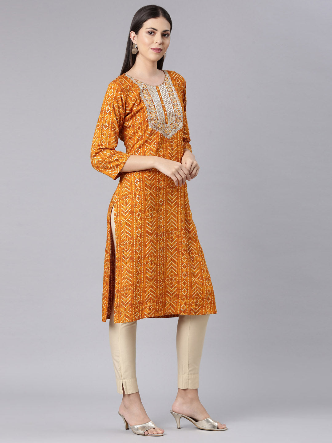 Neerus Yellow Rayon Bandhani Printed Kurti - side view