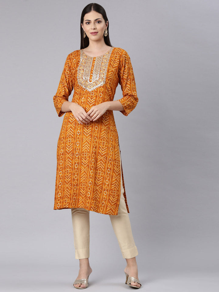 Neerus Yellow Rayon Bandhani Printed Kurti - detail view 3