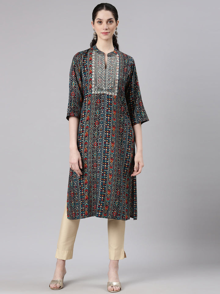 Neerus Blue rayon printed straight kurta - front view