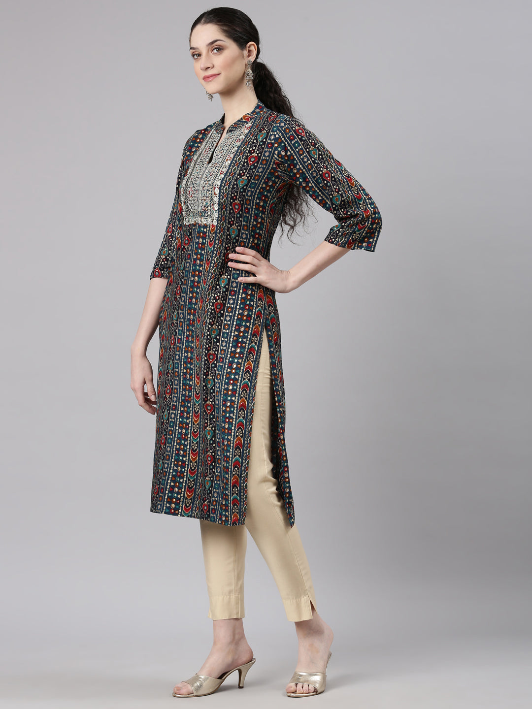 Neerus Blue rayon printed straight kurta - back view