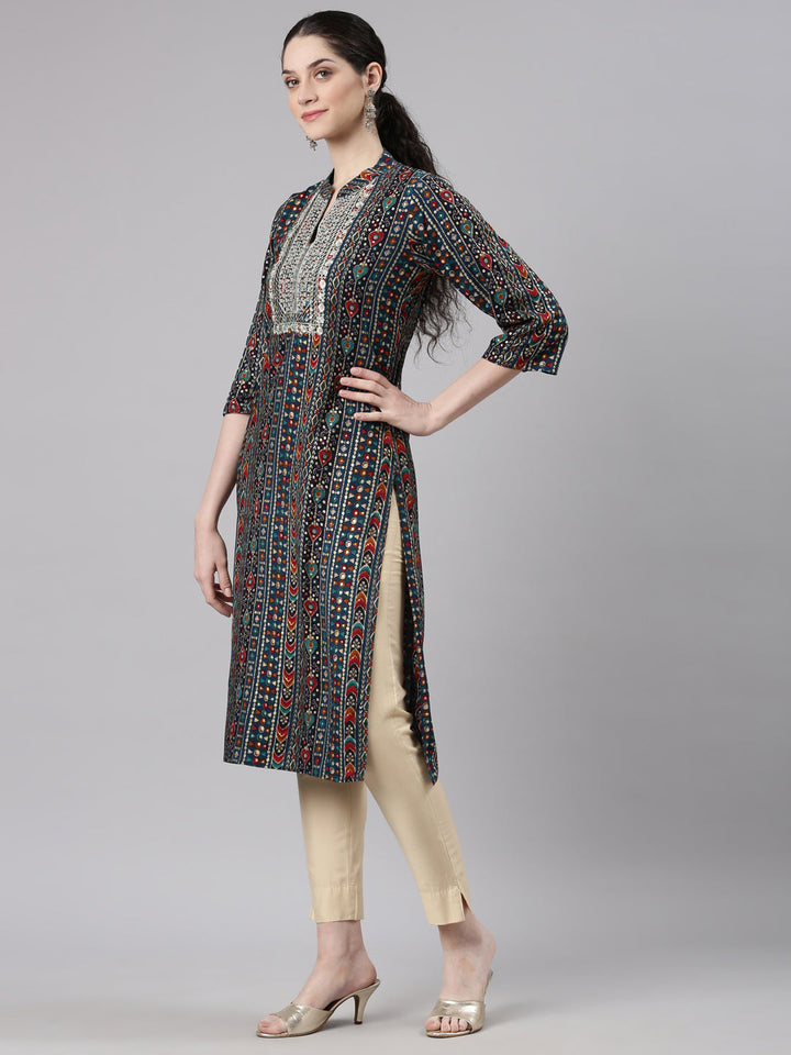 Neerus Blue rayon printed straight kurta - back view