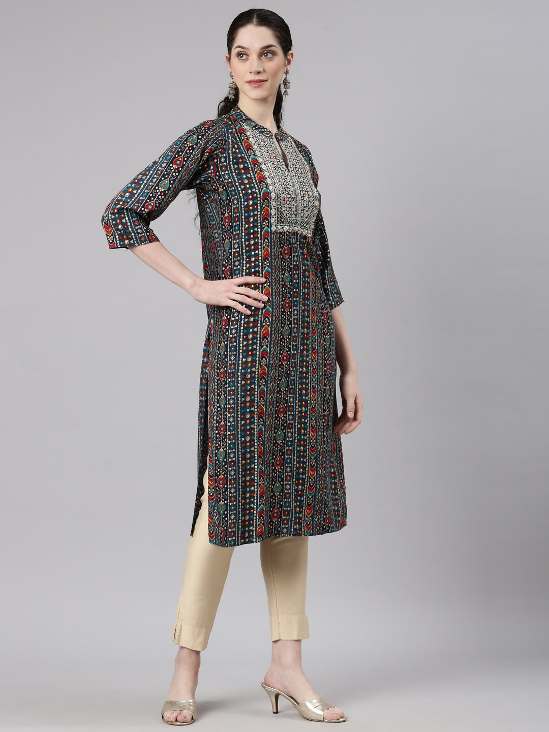 Neerus Blue rayon printed straight kurta - side view