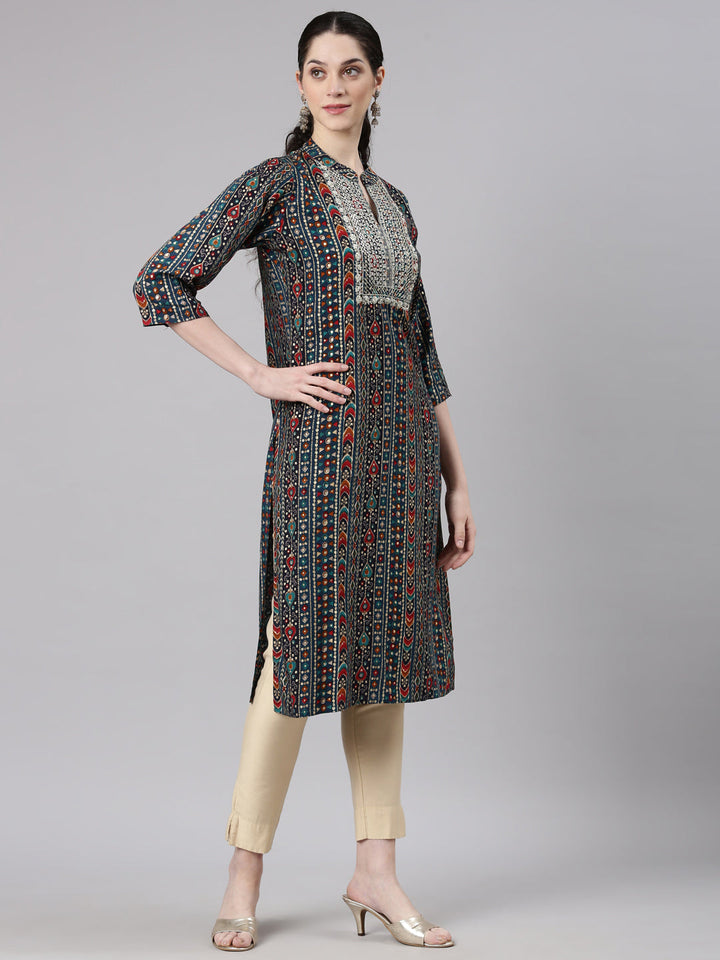 Neerus Blue rayon printed straight kurta - side view