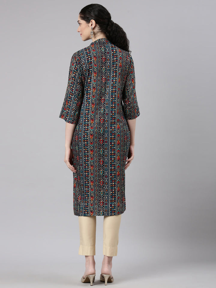 Neerus Blue rayon printed straight kurta - detail view 1